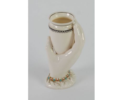 NINETEENTH CENTURY ROYAL WORCESTER CHINA HAND PATTERN POSY VASE, white glazed and heightened in colours and gilt, modelled as