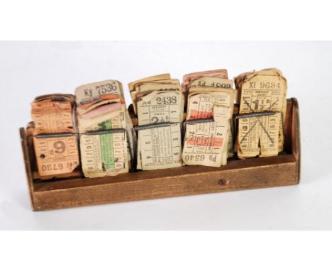 MID 20th CENTURY CONDUCTOR'S TICKET HOLDER of double sided wood construction each side with five sprint clips to hold the ind