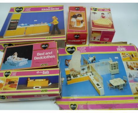 A SELECTION OF PEDIGREE SINDY BOXED ACCESSORIES comprising; SINDY'S HOME KITCHEN GIFT SET, bath, wash basin unit, bed and bed