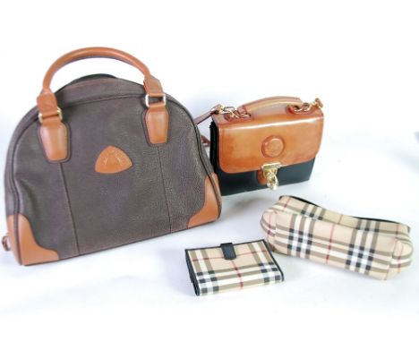 TARTAN CHECK HANDBAG AND MATCHING LADY'S WALLET, both bearing labels for Burberry, London and with printed cloth  drawstring 