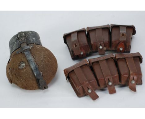 TWO THIRD REICH BROWN LEATHER MAUSER 3 CELL AMMUNITION POUCHES, each of three pouches with button down covers, each approx 8 