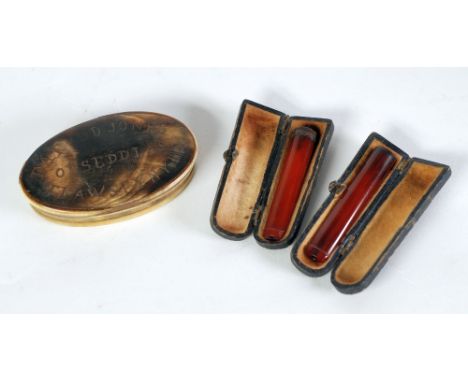 WELSH 19TH CENTURY HORN OVAL POCKET SNUFF BOX, the removable lid with inscription - 'DAFYDD JONES, ORSEDDLAS, TRAWSFNYDD', 3 