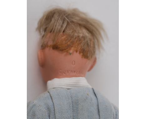 GEBRUDER HEUBACH BISQUE HEAD LAUGHING CHARACTER DOLL, sleeping blue glass eyes with moulded laughing mouth, IMPRESSED SUNBURS