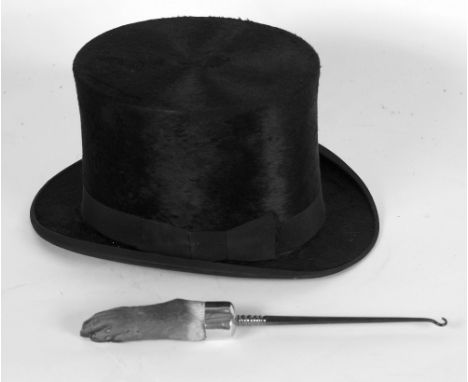 'BEST QUALITY LONDON' GENTLEMAN'S TOP HAT and a late 19th Century LARGE STEEL BUTTON HOOK with foxes paw handle