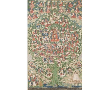 A TIBETAN THANGKA OF TSONGKHAPA AND THE REFUGE FIELD, TSHOGS ZHING18TH CENTURYWith Tsongkhapa seated in the centre wearing a 