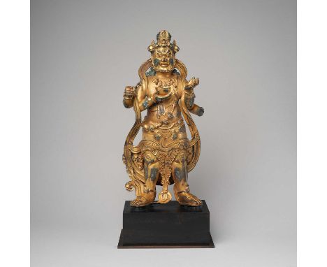 A LARGE CHINESE GILT-BRONZE DALI KINGDOM-STYLE FIGURE OF MAHAKALAPROBABLY LATE QING DYNASTYThe wrathful four-armed guardian h