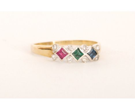 A modern 18ct sapphire, emerald, ruby and diamond mutli stone ring, square cut coloured stones detailed with eight diamonds, 