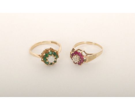 A 9ct hallmarked opal and emerald cluster ring, with a similar ruby and diamond example, total weight 5.5g. 