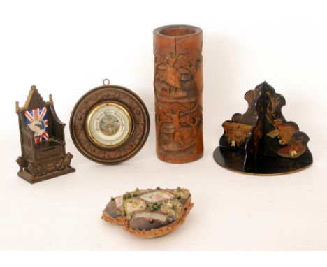 A 20th Century Japanese cylindrical brush pot, a Chinoiserie corner bracket, a circular barometer, a pin cushion and a 1953 C