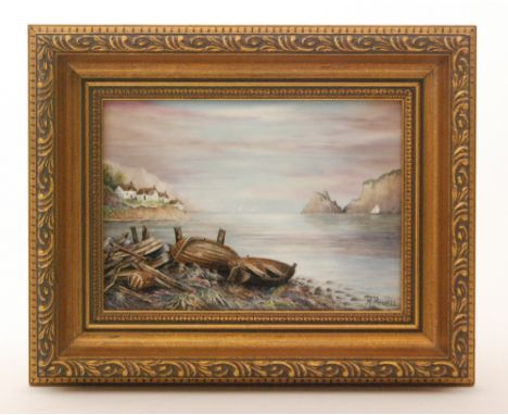 A Royal Worcester framed ceramic plaque by M. Powell, decorated with a hand painted coastal scene with two rowing boats on th