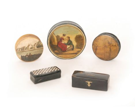 A 19th Century French circular snuff box with printed transfer lid of two lovers in a landscaped garden setting, with two sim