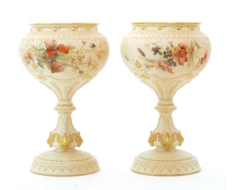 A pair of late 19th Century Royal Worcester pedestal pot pourri bowls decorated by Edwin Raby with sprays of meadow flowers a