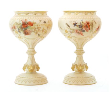 A pair of late 19th Century Royal Worcester pedestal pot pourri bowls decorated by Edwin Raby with sprays of meadow flowers a