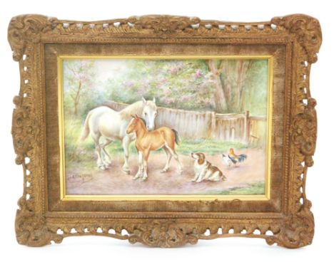 A framed Royal Worcester porcelain plaque decorated by E. Townsend with a farmyard scene of a horse, her foal and spaniel and