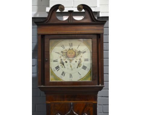 A mid 19th Century mahogany longcase clock with painted dial and moon phase, eight day striking movement enclosed by a pillar