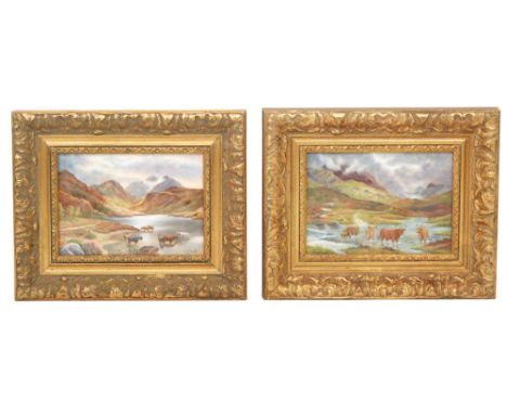 Two later 20th Century framed plaques decorated by former Royal Worcester artist Frank Clark, both with scenes of Highland ca