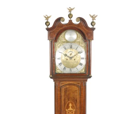 A 19th Century line inlaid oak longcase clock with eight day movement, the twin swan-neck pediment and brass finials above an