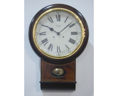 A late 20th Century Edwardian style line inlaid mahogany circular wall clock, striking on bell, the dial named Committees, he