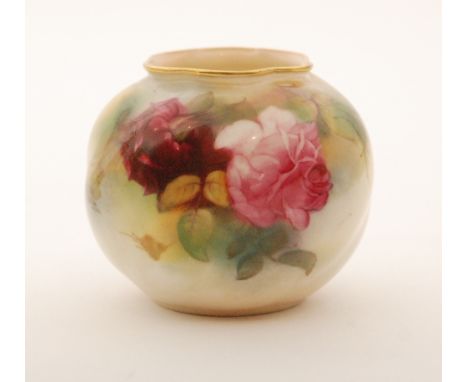 A small Royal Worcester ovoid posy vase of wrythen form, shape G161, decorated with a hand painted crimson and pink rose, gre