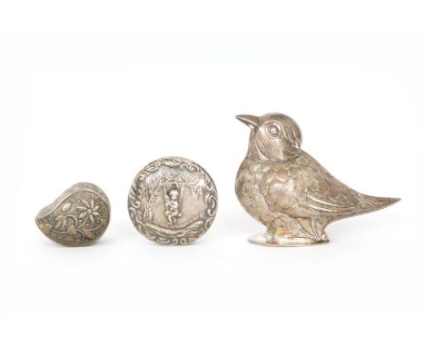 Two Continental silver snuff or patch boxes, and a plated novelty bird example. (3)