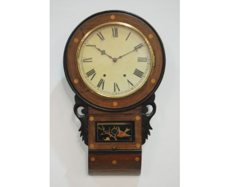 A 19th Century rosewood cased circular drop dial wall clock with inlaid decoration, height 70cm