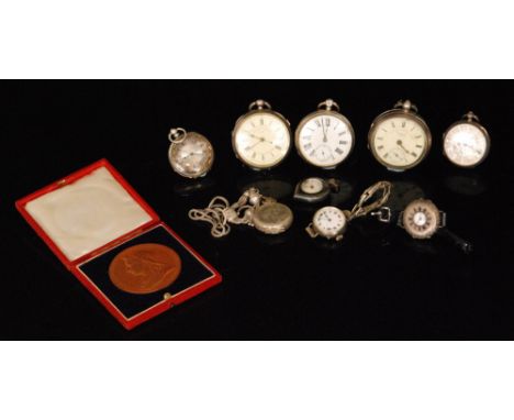 Six assorted hallmarked and Continental silver pocket and fob watches to include level, open faced and full hunter example, w