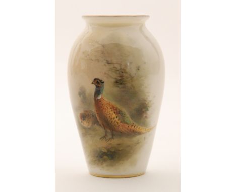 A small Royal Worcester vase with a squat roll rim neck panel decorated by Jas Stinton with a hand painted pheasant and grous