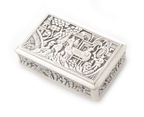 An early 19th Century Chinese silver snuff box, decorated in high relief to all sides with various scenes including elders in