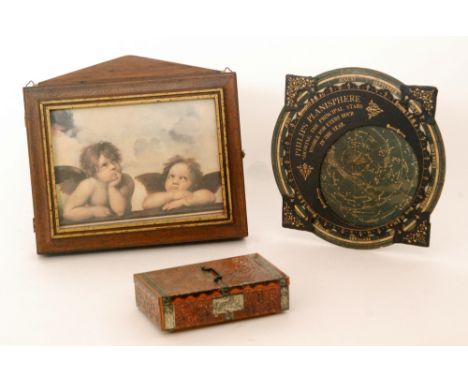 A Phillips Planisphere, a key box with printed angelic lid and a sweet tin (3)