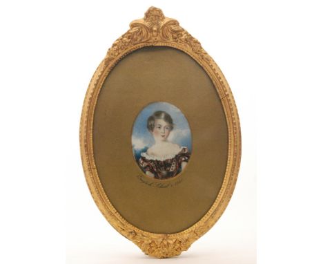 ENGLISH SCHOOL (MID 19TH CENTURY) - Portrait of a little girl, watercolour on ivory, miniature, oval, framed, 9cm x 7cm