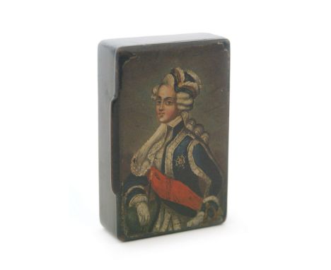 An early 19th Century snuff box, the lid painted with a portrait of military gentleman wearing a blue coat and a red sash, po