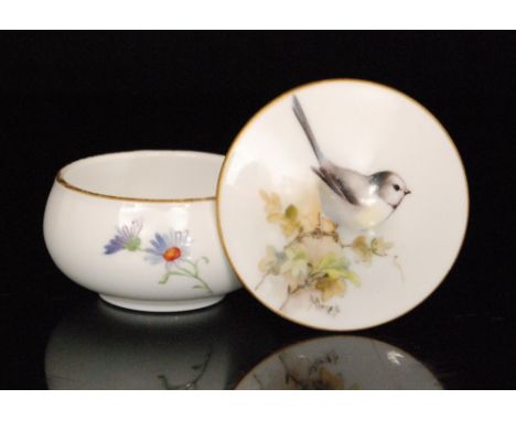 A 1920s Royal Worcester trinket pot and cover decorated by Hilda Everett with a hand painted long tailed tit, signed, puce ma