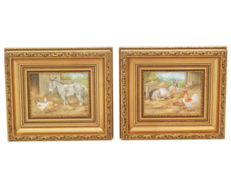 Two later 20th Century framed plaques decorated by former Royal Worcester artist Frank Clark, both with farmyard scenes, the 