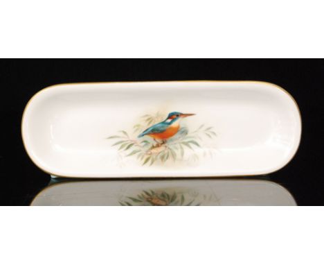 A 1920s Royal Worcester pen tray or trinket dish decorated by Powell with a hand painted kingfisher, signed, puce mark with d