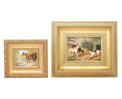 Two later 20th Century framed plaques decorated by former Royal Worcester artist Frank Clark, both with farmyard scenes, the 