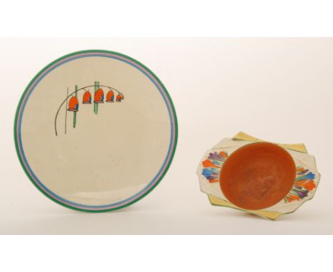 A Clarice Cliff Wilkinson Daffodil shape grapefruit dish decorated in the hand painted Crocus pattern with sprays of flowers 