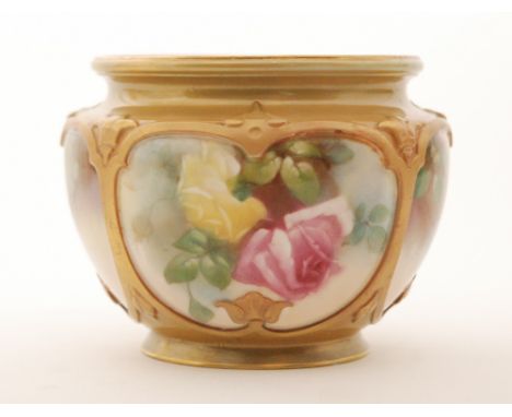 A Royal Worcester shape F132 jardiniere of lobed form decorated with hand painted pink and yellow roses within lobed moulded 