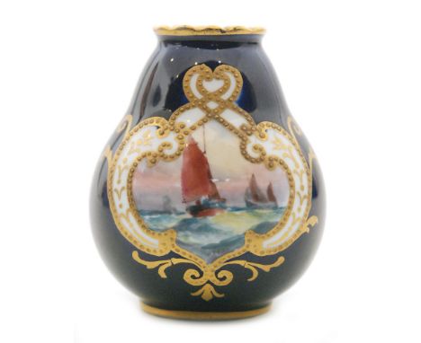 A small early 20th Century Royal Crown Derby bud vase decorated by W. Dean with a hand painted cartouche panel of a sailing b