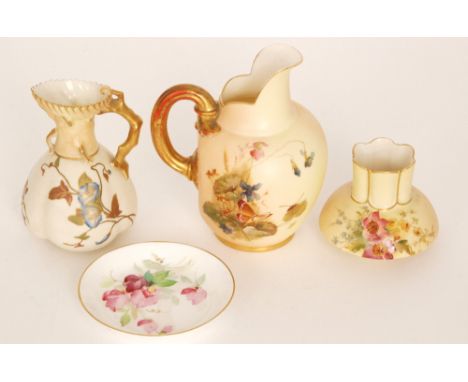 Four pieces of assorted Royal Worcester comprising a blush ivory shape 1094 flatback jug decorated with gilt and enamel butte