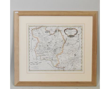 A 20th century hand coloured map of Huntingtonshire after Robert Morden, print, 37 x 42cm