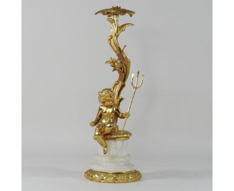 A gilt metal figural table lamp base, on a marble base, 42cm high