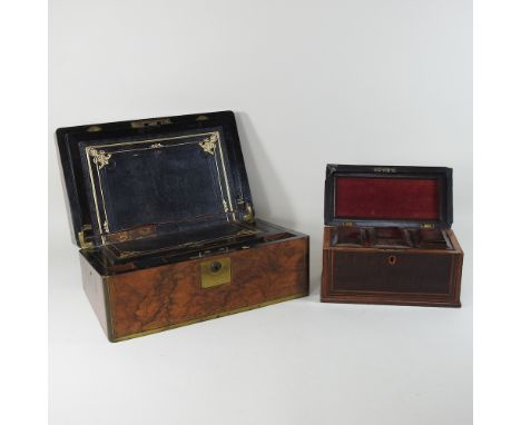 A Regency inlaid tea caddy, with a fitted interior, 26cm, together with a Victorian walnut writing slope