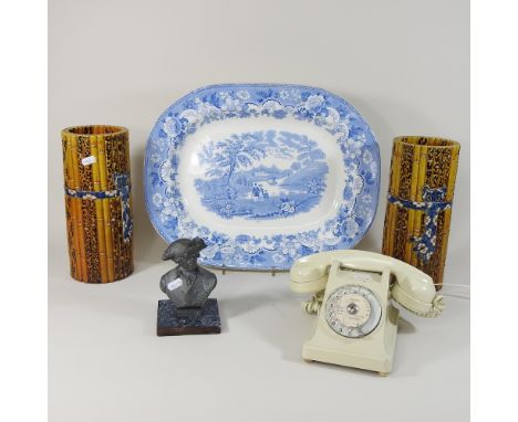 A 19th century Staffordshire blue and white meat plate, together with a pair of bamboo effect vases, a lead portrait bust and