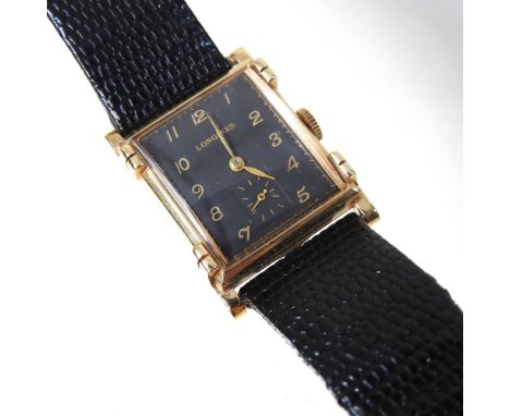 A 1940's Longines Art Deco 14 carat gold cased gentleman's wristwatch, having a signed square black dial, with Arabic hours, 