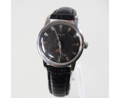 A Longines All-Guard automatic vintage gentleman's wristwatch, the signed black dial with baton hours, on a later black leath