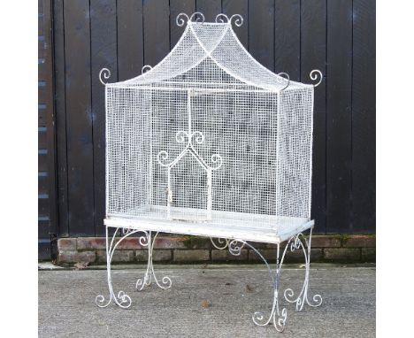 A vintage white painted metal bird cage, 102cm