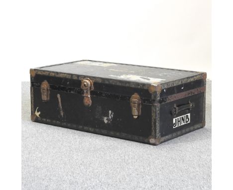 An early 20th century black travel trunk, 91cm