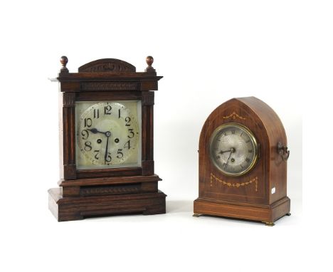 A walnut cased mantel clock, 38cm high, together with an inlaid mantel clock (2)