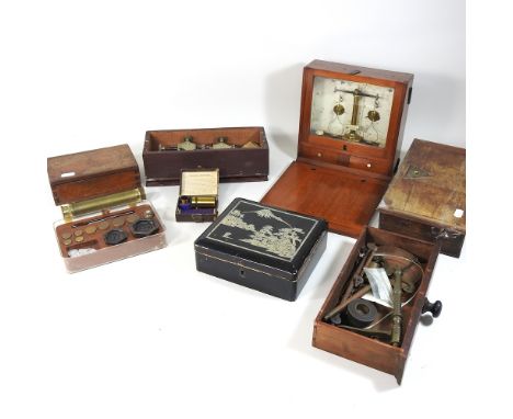 A cased set of balance scales, by D Wolter &amp; Sons, London, 21cm, together with a set of weights, a Salom and Co pocket te