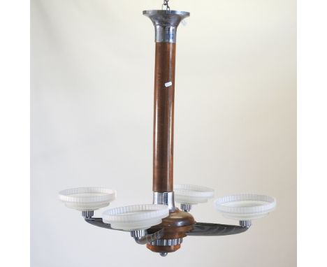 An Art Deco wooden chandelier, with frosted glass shades, 82cm high